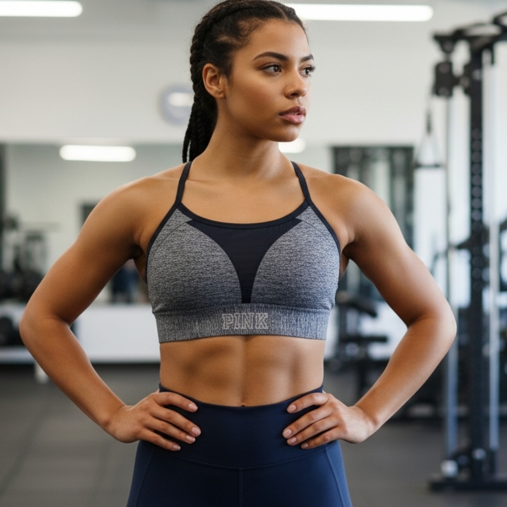 Pink black and gray sports bra